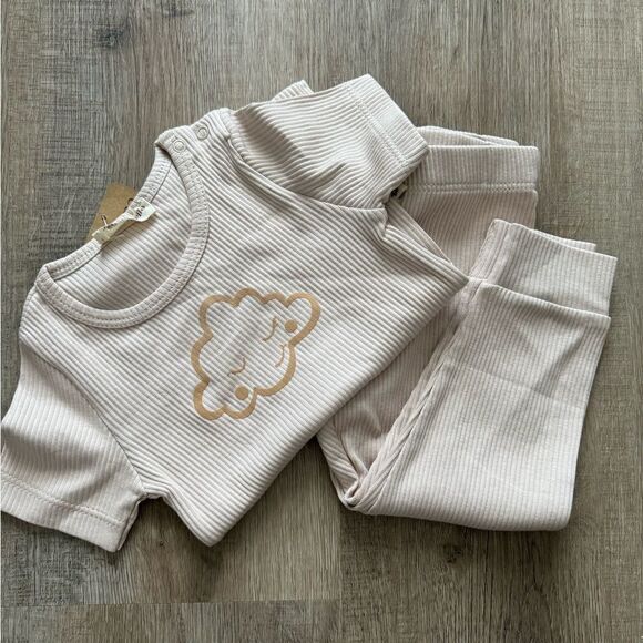 ORGANIC COTTON RIBBED PAJAMAS SET GENDER NEUTRAL NATURAL COLOR - Picture 1 of 5